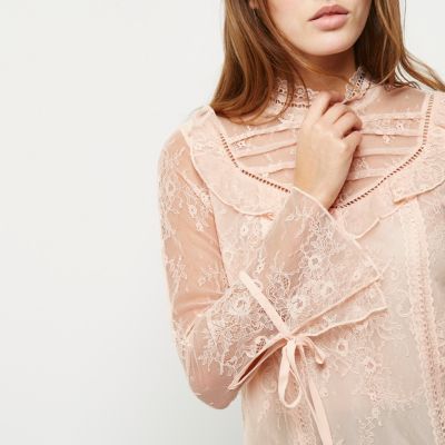Pink lace frill flared sleeve top